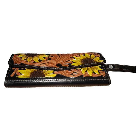 Hand Tooled Leather Sunflower Wallet Wristlet Black Brown Floral Western Boho - Picture 3 of 14